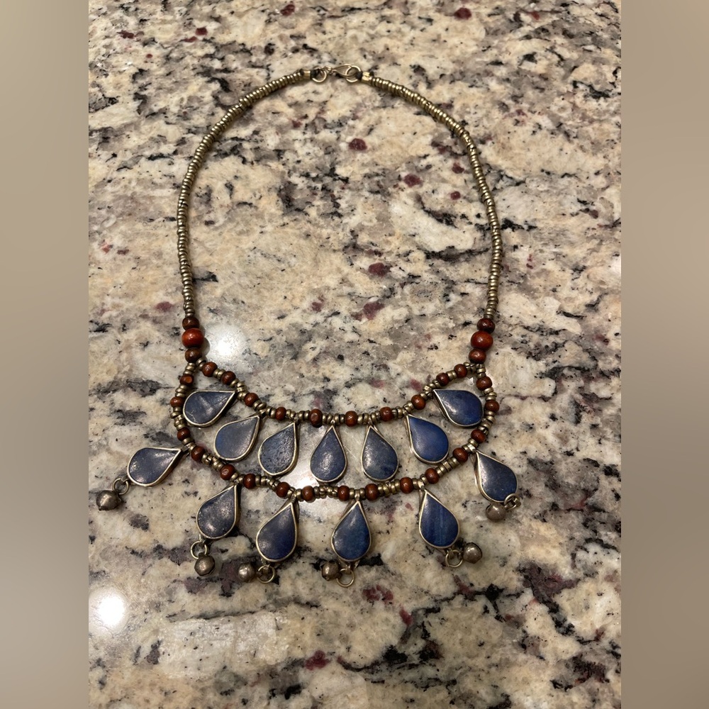 Handmade Artisan Stone Silver Wood Necklace